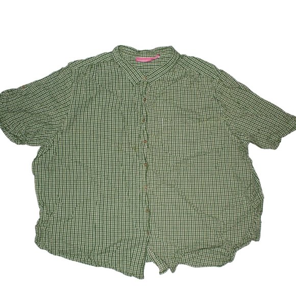 Woman Within Sz 5XL Green White Checkered Short Sleeve Button Down Casual Shirt - Picture 1 of 7